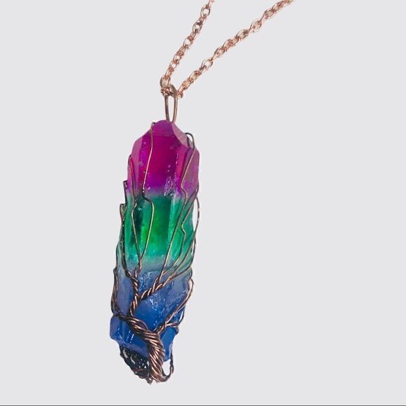 Rainbow Quartz Crystal Pendant Wire Wrapped Tree of Life Necklace - Picture 3 of 6